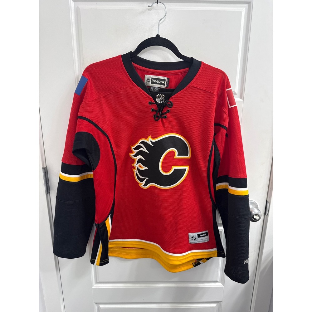 Reebok Calgary Flames NHL Jersey Womens Large Red Black Lace Up V-Neck Hockey